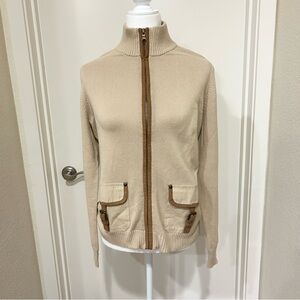 Vtg LRL Ralph Lauren Full Zip Sweater Tan Cotton Cardigan Canvas Pockets Suede L